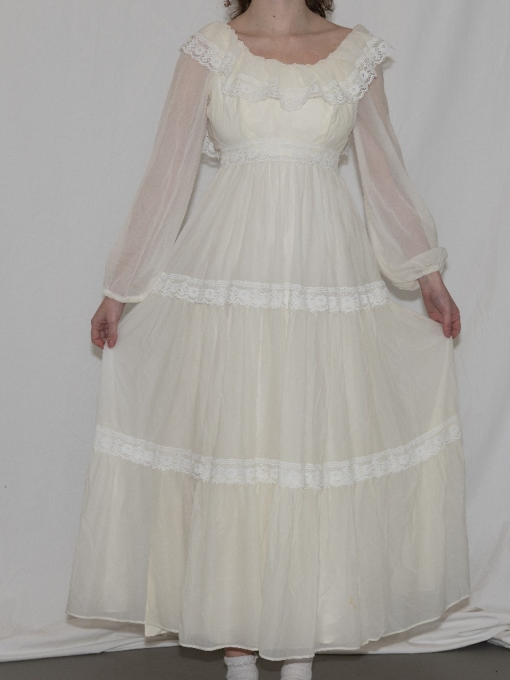 Vintage 70s prairie dress cream lace trim union tags size XS